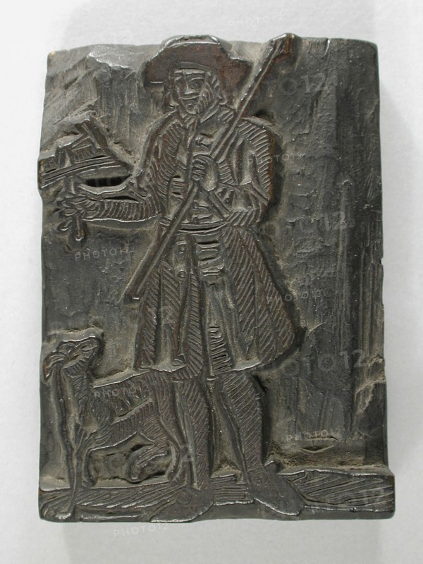E. de Bont, Wooden cliché for an image of custodian for New Year's wish, cliché printing equipment wood, cutting Wooden cliché