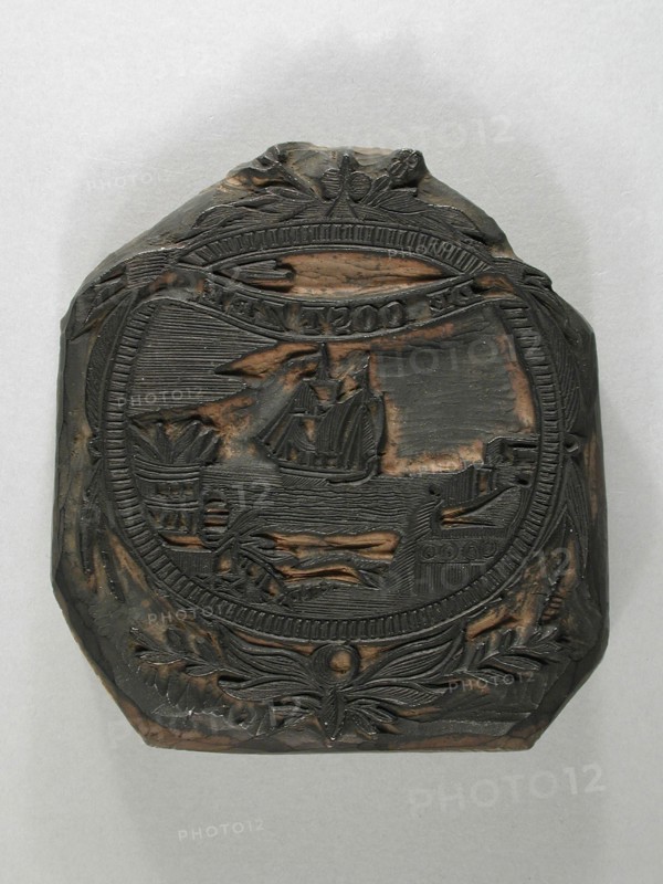 E. de Bont, Wooden cliché for printing tobacco pouch with image sailing ship, cliché printer's equipment wood, cutting Wooden