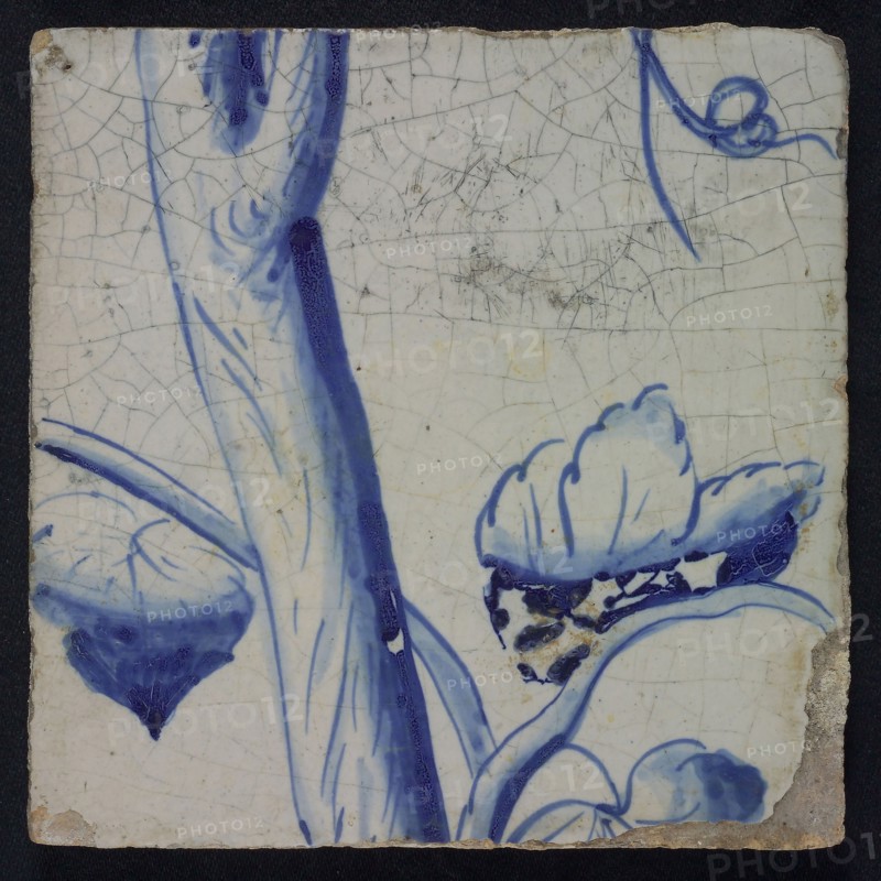 Blue tile of pilaster of 39 tiles: stem and petioles, tile pilaster footage fragment ceramics pottery glaze, Four blue tiles