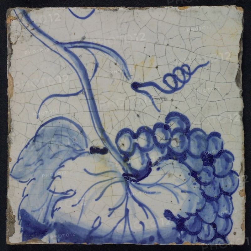 Blue tile of pilaster of 39 tiles: leaf and bunch of grapes, tile pilaster footage fragment ceramics pottery glaze, Four blue