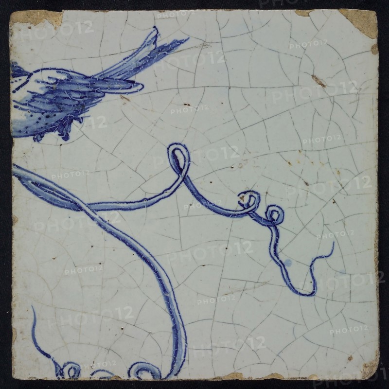 Blue tile with vine and bird in flight, from chimney pilaster with 39 tiles, tile pilaster footage fragment ceramic pottery
