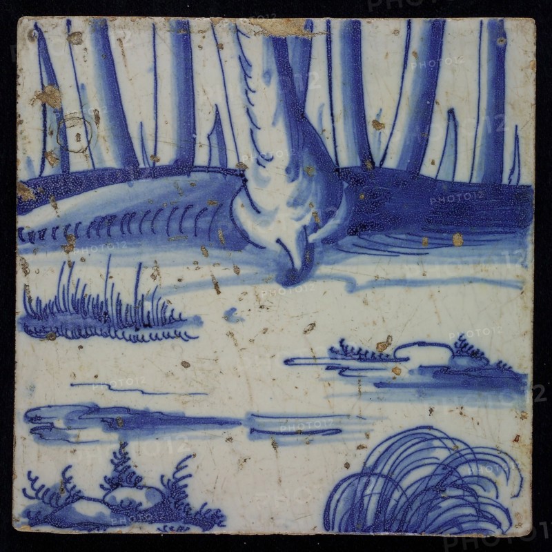 Blue tile with plant stalks of chimney pilaster, tile pilaster footage fragment ceramic pottery glaze, Two blue tiles