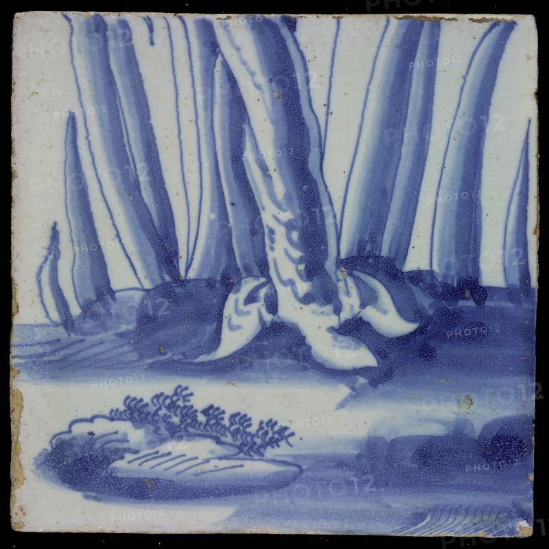 Blue tile with tail of rooster and plant stalks, chimney pilaster of 13 tiles, tree of bunches of grapes