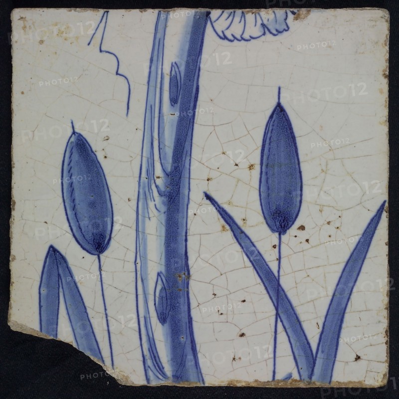 Blue tile with dense ears of corn and stem, of chimney pilaster with 13 tiles, tree of bunches of grapes with birds, bird