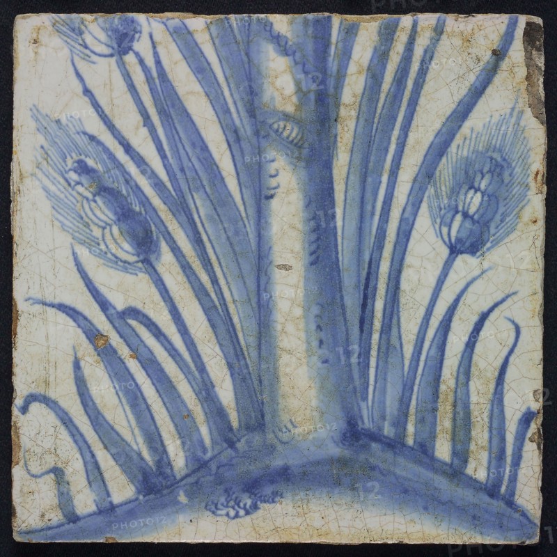 Blue tile with lower stem, ears of corn, leaf, of chimney pilaster with 13 tiles, tree of bunches of grapes with birds, grain