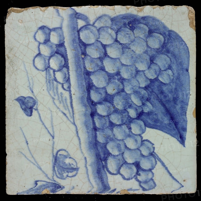 tile pilaster footage fragment ceramic pottery glaze, Two blue tiles on light blue background with leaf stem bunches