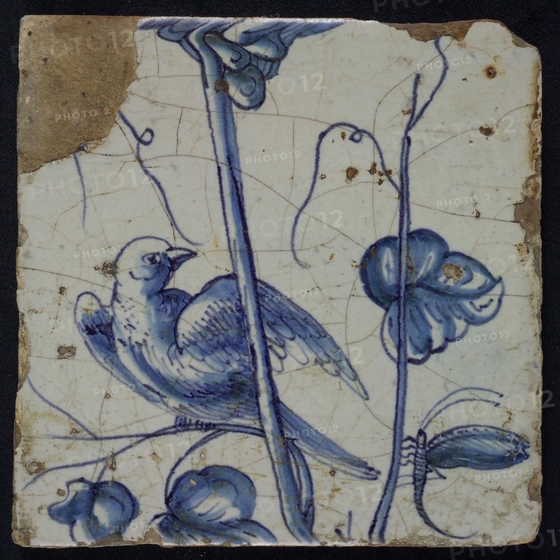 Blue tile with looking bird to dragonfly, on grape leaf of chimney pilaster with 13 tiles, tile pilaster footage fragment earth