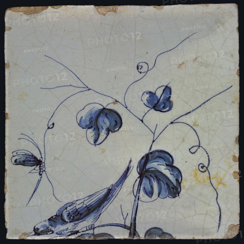 Blue tile with bird sitting on grape leaf tending downwards, dragonfly to tendril, of chimney pilaster with 13 tiles, tree