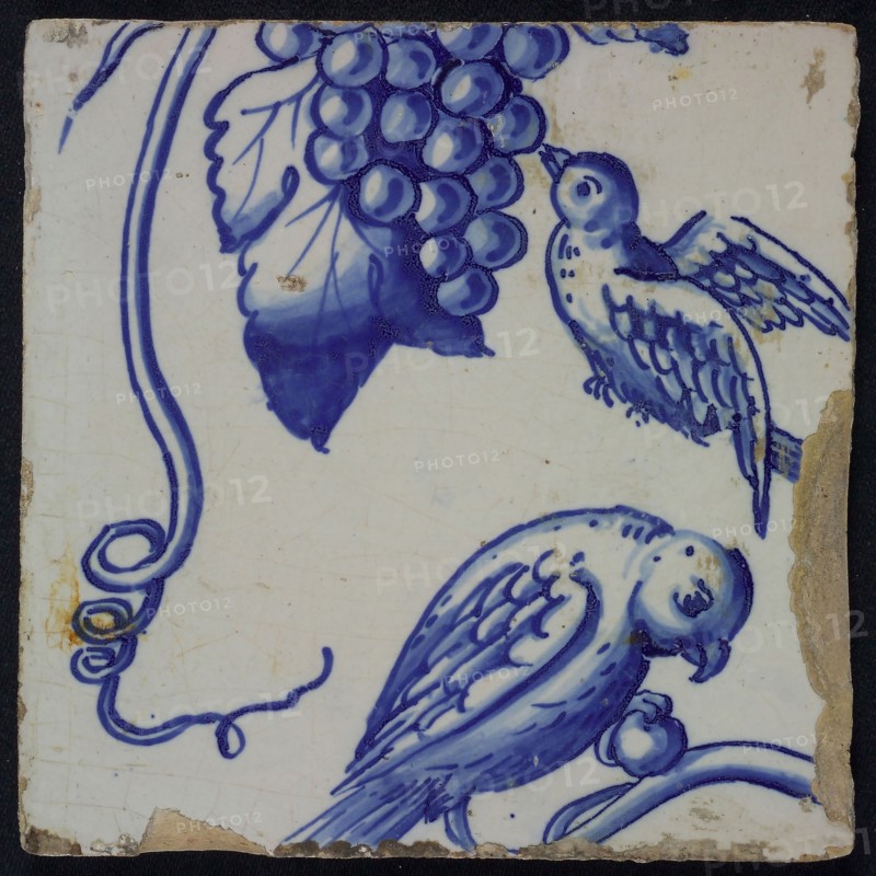 Blue tile of pilaster with 39 tiles, bunch of grapes and two birds, tile pilaster footage fragment ceramics pottery glaze, Four