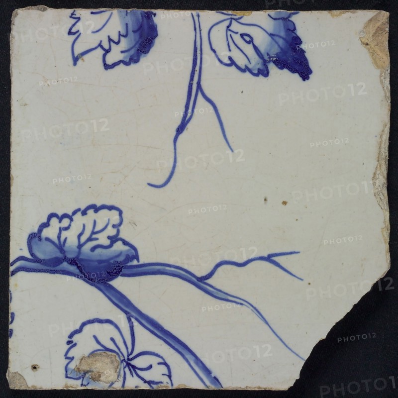 Blue tile of pilaster with 39 tiles, grape leaves and tendril, tile pilaster footage fragment ceramics pottery glaze, Five blue