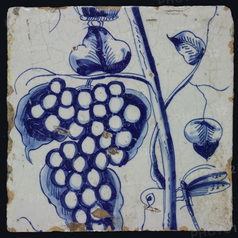 Blue grape stem with stem, dragonfly and butterfly, leaves and tendrils belonging to chimney pilaster with 13 tiles, tree