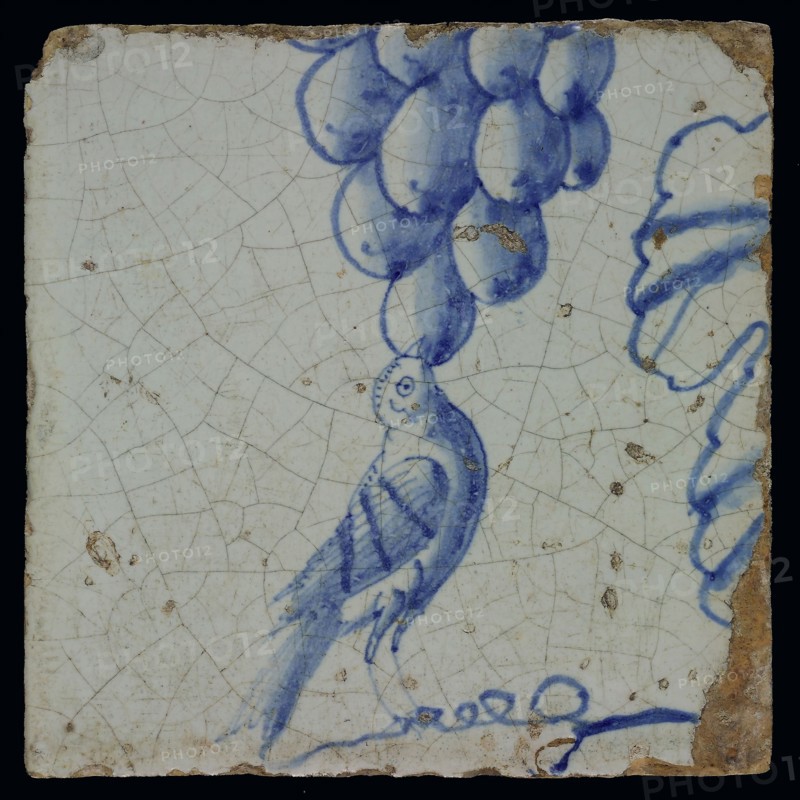 Blue tile with pecking bird to bunch of grapes, from pilaster with 39 tiles, tile pilaster footage fragment ceramic pottery