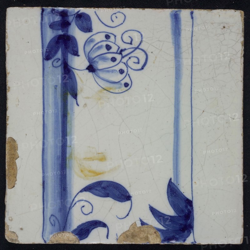 Blue tile with pillar with standing flower, part wound leaf, of pilaster with 13 tiles, tile pilaster footage fragment ceramics