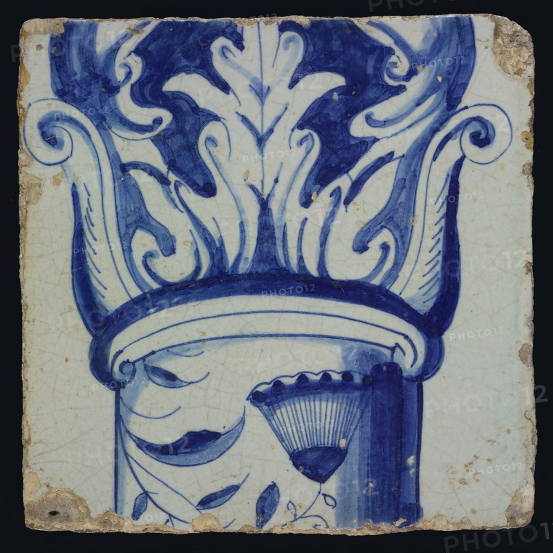 Blue tile with part of the corinthian column, leaves, upright fan-shaped flower, of pilaster with 13 tiles, tile pilaster