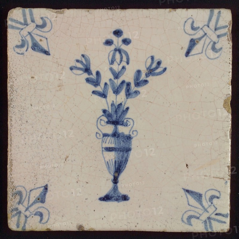 Flower Tile, slender flowerpot in blue on white, corner pattern French lily, wall tile tile sculpture ceramic earthenware glaze