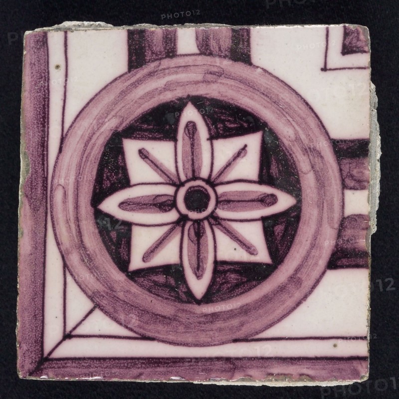 Square purple corner border tile with column halftone, stylized flower in square inside circle, border tile wall tile