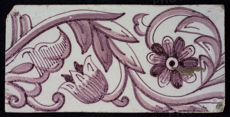 Rectangular edge tile in purple with tulip decor, with flower of ten oval petals, leaves, type of tulip fawn, yellow pottery