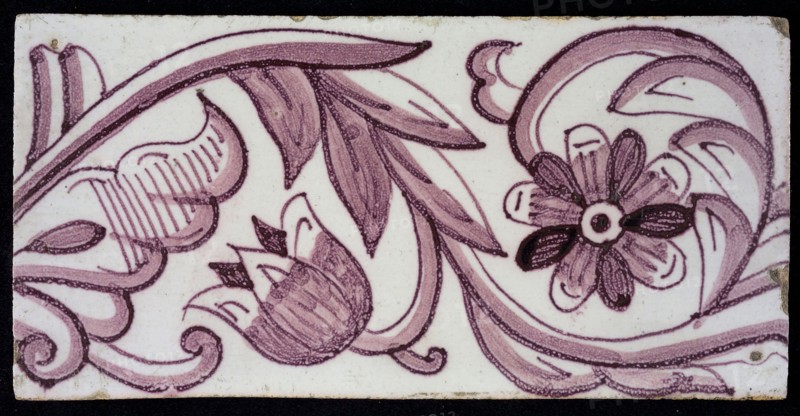 Rectangular edge tile in purple with hinged decor of tulip, with flower of ten oval petals, leaves, type of tulip fawn, yellow