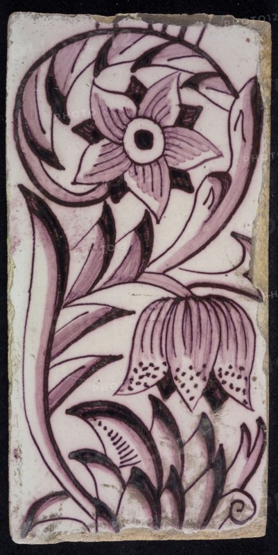 Rectangular edge tile in purple with sling decor of speckled tulip, flower with ten triangular petals, leaves, type of tulip