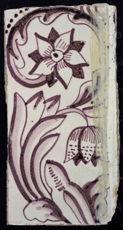 Rectangular edge tile in purple with sling decor of speckled tulip, flower with ten triangular petals