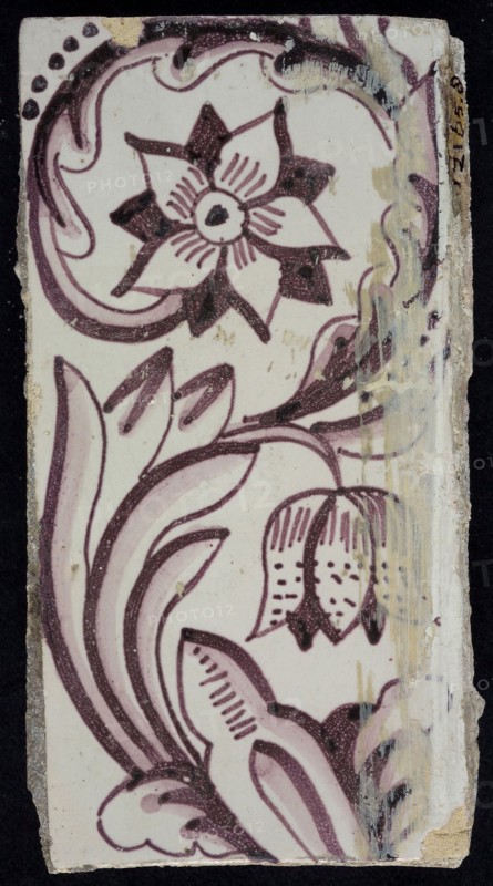 Rectangular edge tile in purple with sling-decoration of speckled tulip, flower with ten triangular petals