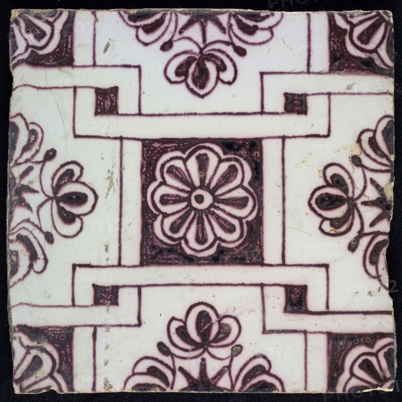 Ornament tile, purple rosette, Rotterdams rosette diamond, corner motif quarter rosette, wall tile tile sculpture ceramic