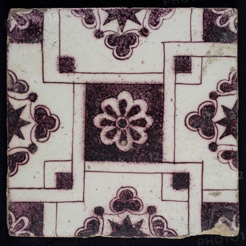 Ornament tile, purple rosette, Rotterdams rosette diamond, corner motif quarter rosette, wall tile tile sculpture ceramic