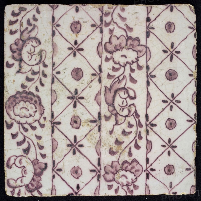 Ornament tile, vertical decor with floral scrolls, wall tile tile sculpture ceramic earthenware glaze, baked 2x glazed painted