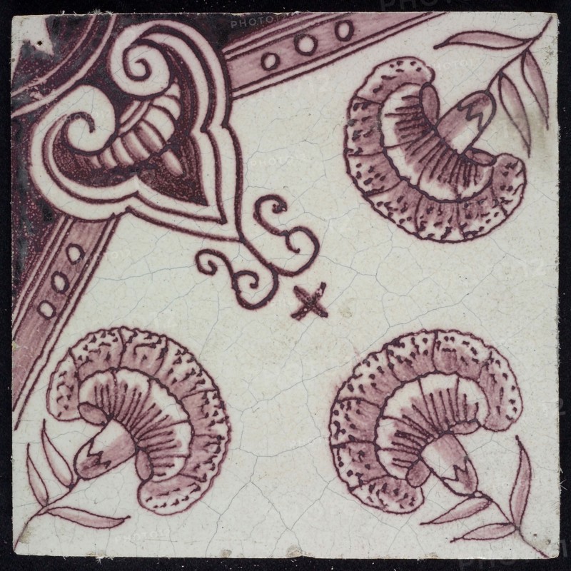 Ornament tile, central corner motif and carnations, wall tile tile sculpture ceramic earthenware glaze, baked 2x glazed painted