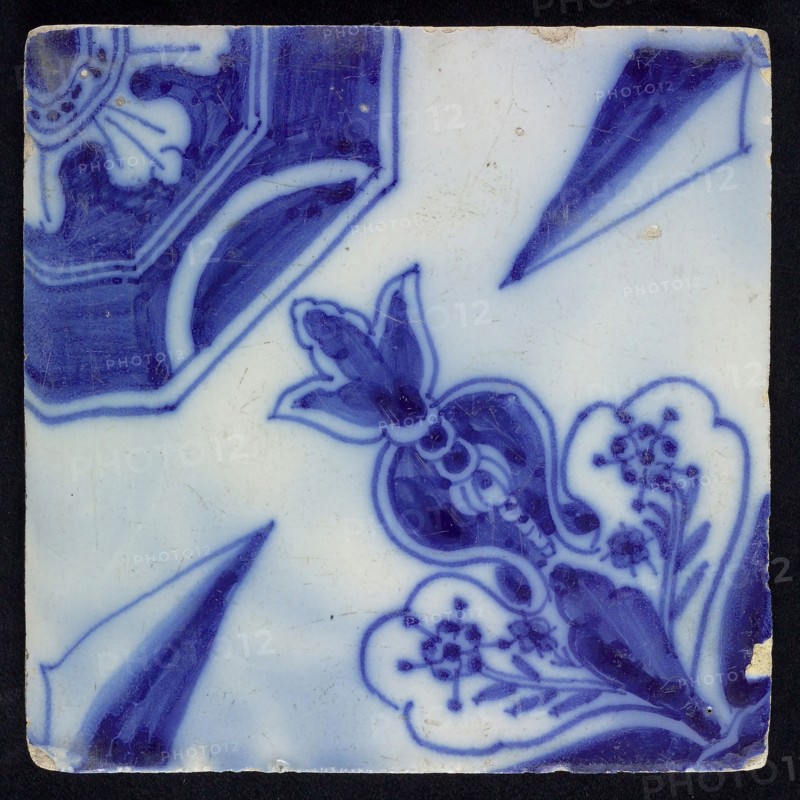 Ornament tile, diagonal decor with point star, wall tile tile sculpture ceramic earthenware glaze, baked 2x glazed painted