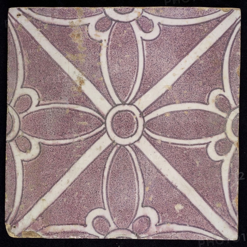 Sprinkled purple ornament tile, double bows along two diagonals, center double, wall tile tile sculpture ceramic earthenware