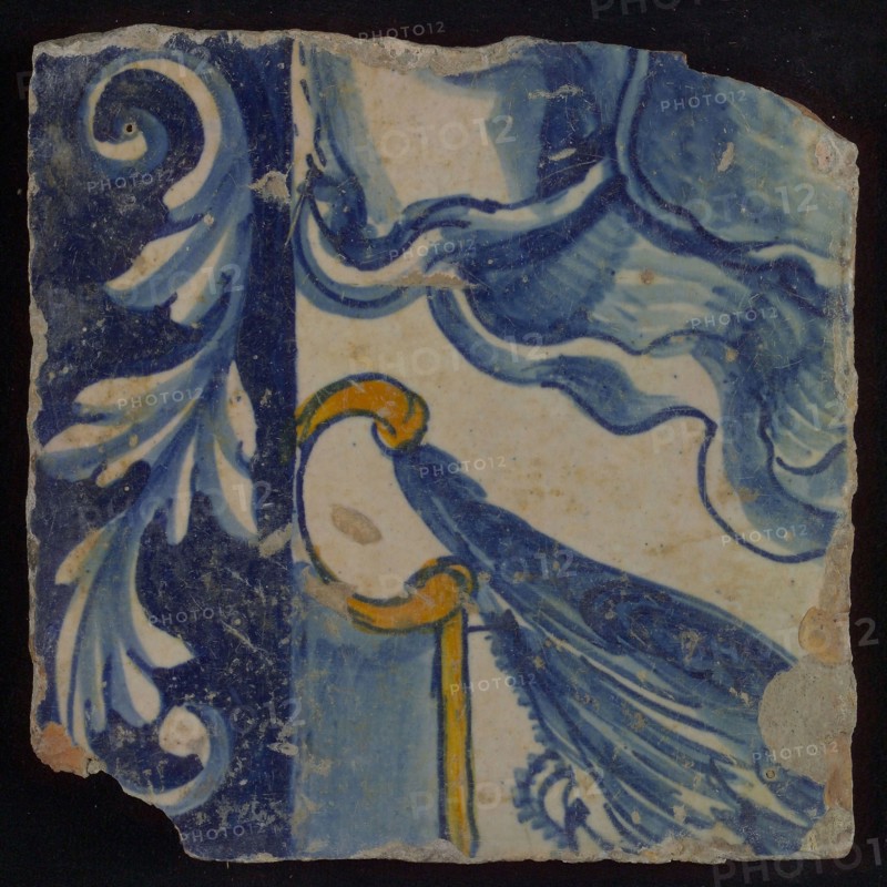 Multi-colored tile of tableau with ornament edge, tile picture footage fragment ceramics pottery glaze, B1