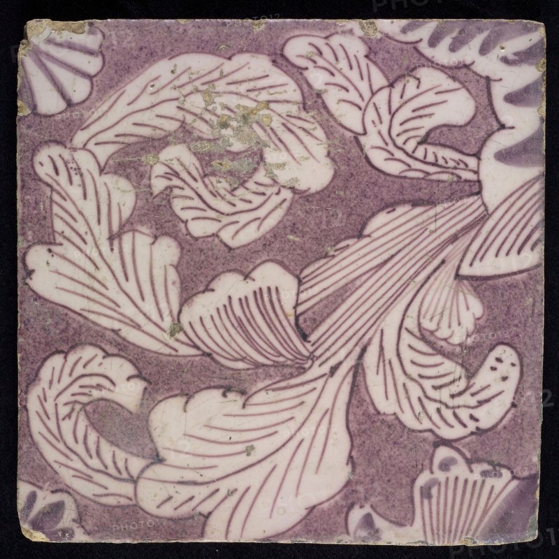 Ornament tile, curled feathers, corner motif quarter leaf, wall tile tile sculpture ceramic earthenware glaze, baked 2x glazed