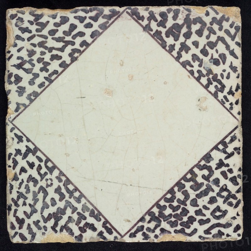 Ornament tile, white diamond with purple frame, wall tile tile sculpture ceramic earthenware glaze, baked 2x glazed painted Red