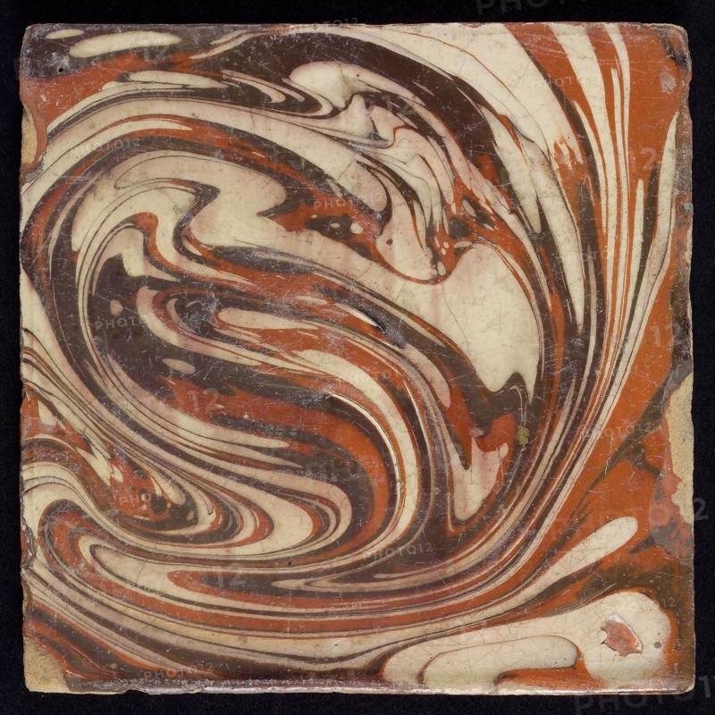 Flamed tile in garlands, brown, white and red stripes, wall tile tile sculpture ceramic earthenware glaze, baked 2x glazed