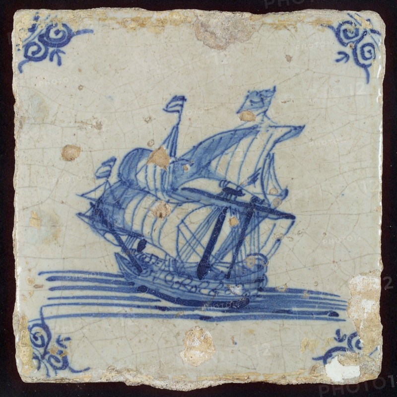 Scene tile, ship with three masts and flags, corner motif ox's head, wall tile tile sculpture ceramic earthenware glaze, baked
