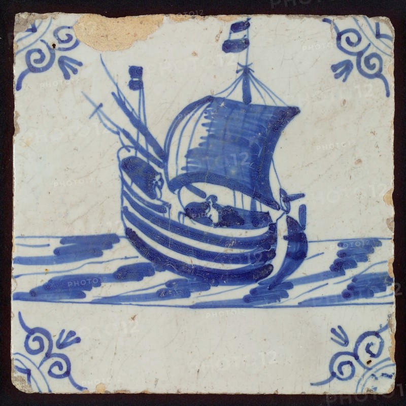 Scene tile, three-master, corner motif of ox-head, wall tile tile sculpture ceramic earthenware glaze, baked 2x glazed painted