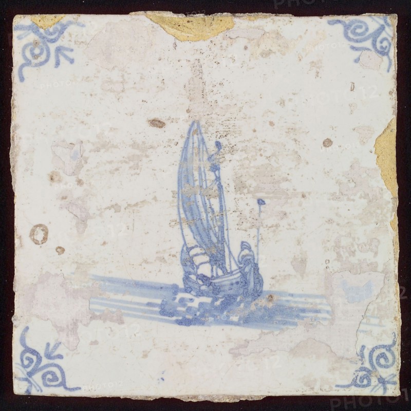 Scene tile, road sailing flat bottom rear view, corner motif oxen head, wall tile tile sculpture ceramic earthenware glaze