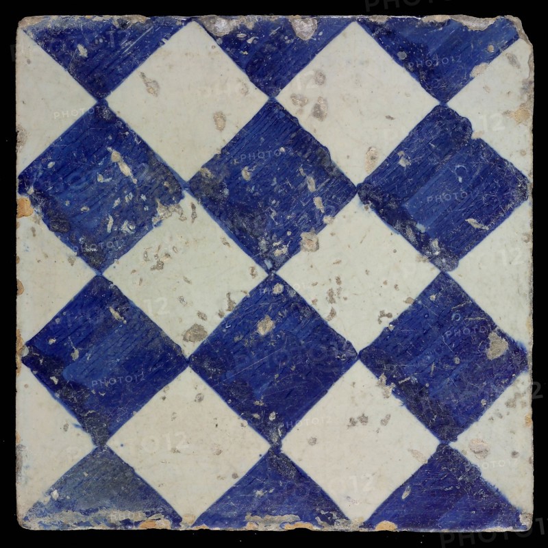 Ornament tile, checkerplate motif, small windows, wall tile tile sculpture ceramic earthenware glaze, baked 2x glazed painted