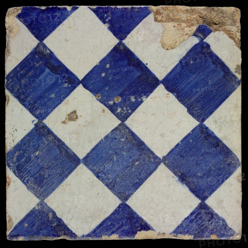 Ornament tile, checkerplate motif, small windows, floor tile tile sculpture ceramic earthenware glaze, Blue on white with dark