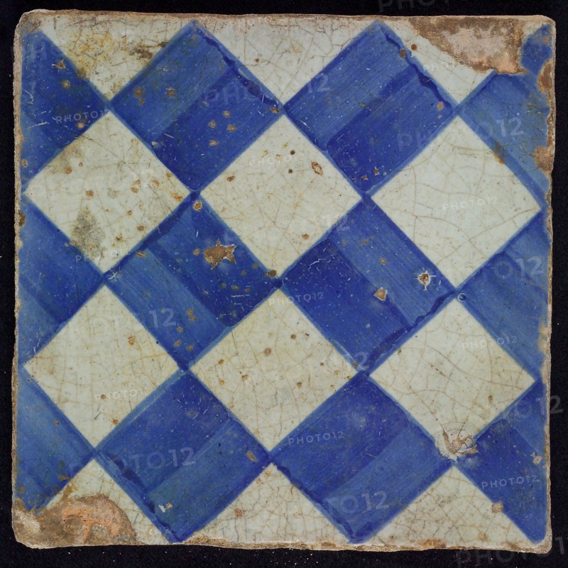 Ornament tile, blue on gray, with light blue brushed check pattern as checkerplate, small windows, floor tile tile sculpture