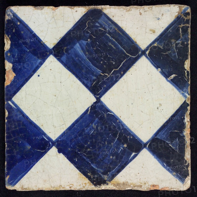 Ornament tile, checkerplate motif, large windows, floor tile tile images ceramic earthenware glaze, Dark blue on gray with dark