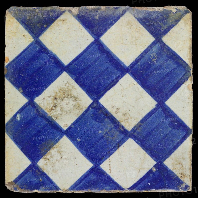 Decorative tile, blue on white, with light blue brushed check pattern as checkerplate, small windows, floor tile tile sculpture