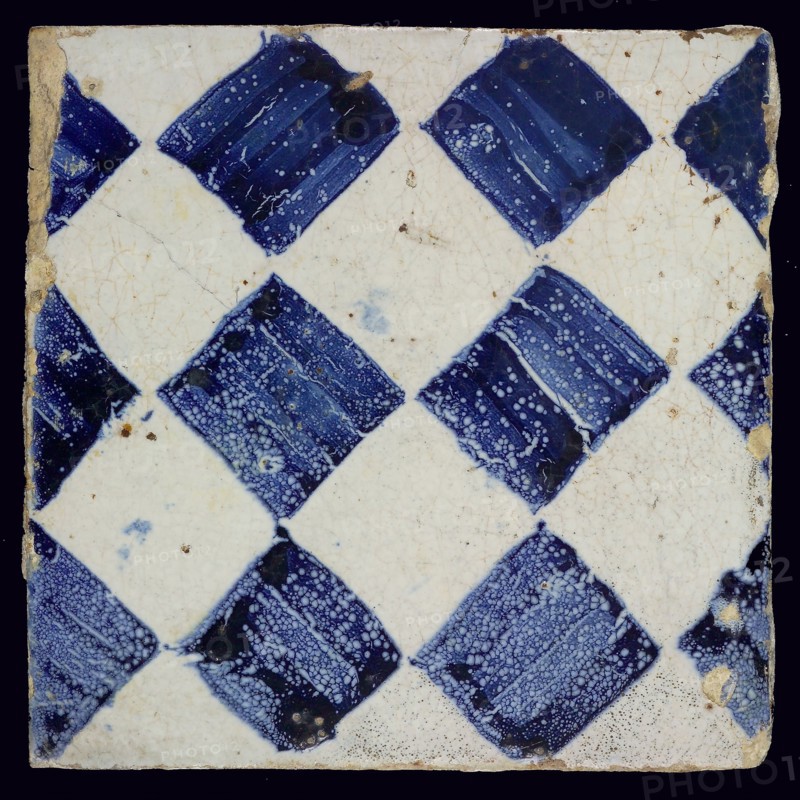 Ornament tile, checkerplate motif, small windows, floor tile tile sculpture ceramic earthenware glaze, Blue on white with dark
