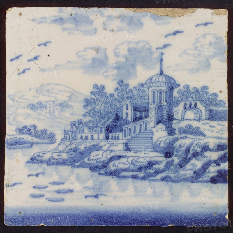 Tile, blue on white, outdoor, on hill city wall with tower, inside house and trees, three people watching the river, background