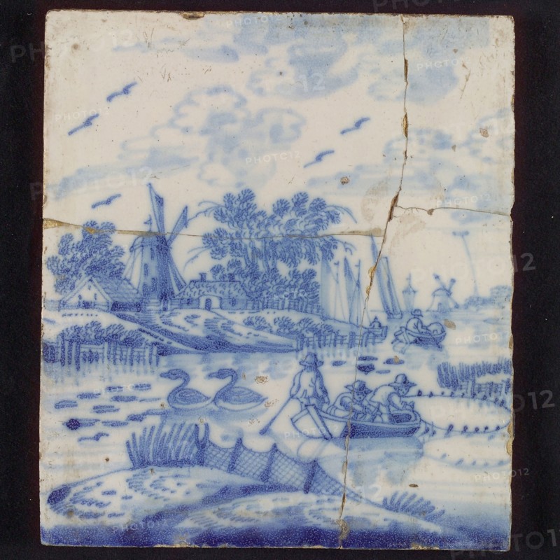 Tile, blue on white, outdoor, three men in boat on the water handle fishing net, two swans, background rowing boat with person