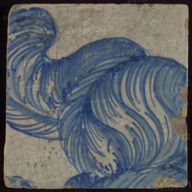 Tile with blue plumage, tile pilaster footage fragment ceramics pottery glaze, d 1.1