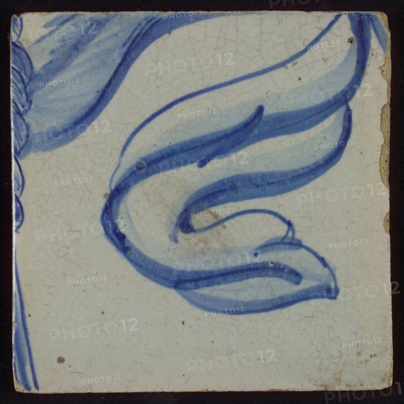 Tile with blue drawing, tile picture footage fragment ceramics pottery glaze, d 1.0