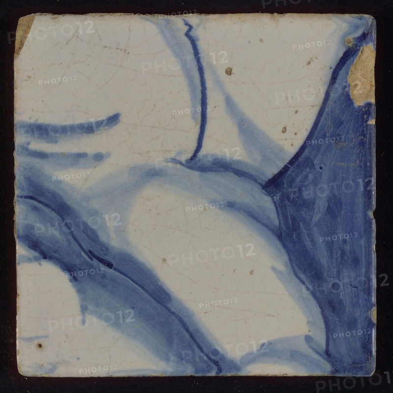 Tile of tableau with blue drawing, tile picture footage fragment ceramics pottery glaze, G 30