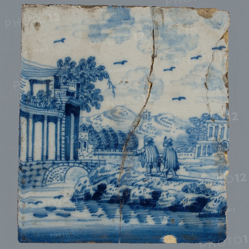 Tile, blue on white, open air, two men walk to bridge with gateway to city, background hills with houses, birds in the air, tile